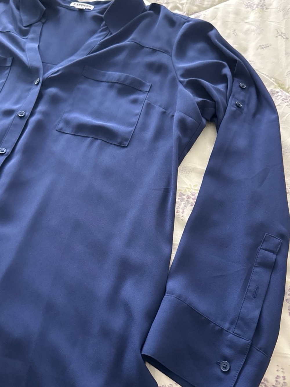 Express Deep Blue Button-Front Blouse - Picture 3 of 4